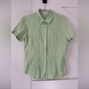 J Jill Light Green 100% Linen Pintuck Short Sleeve Blouse Short Button Up Collar